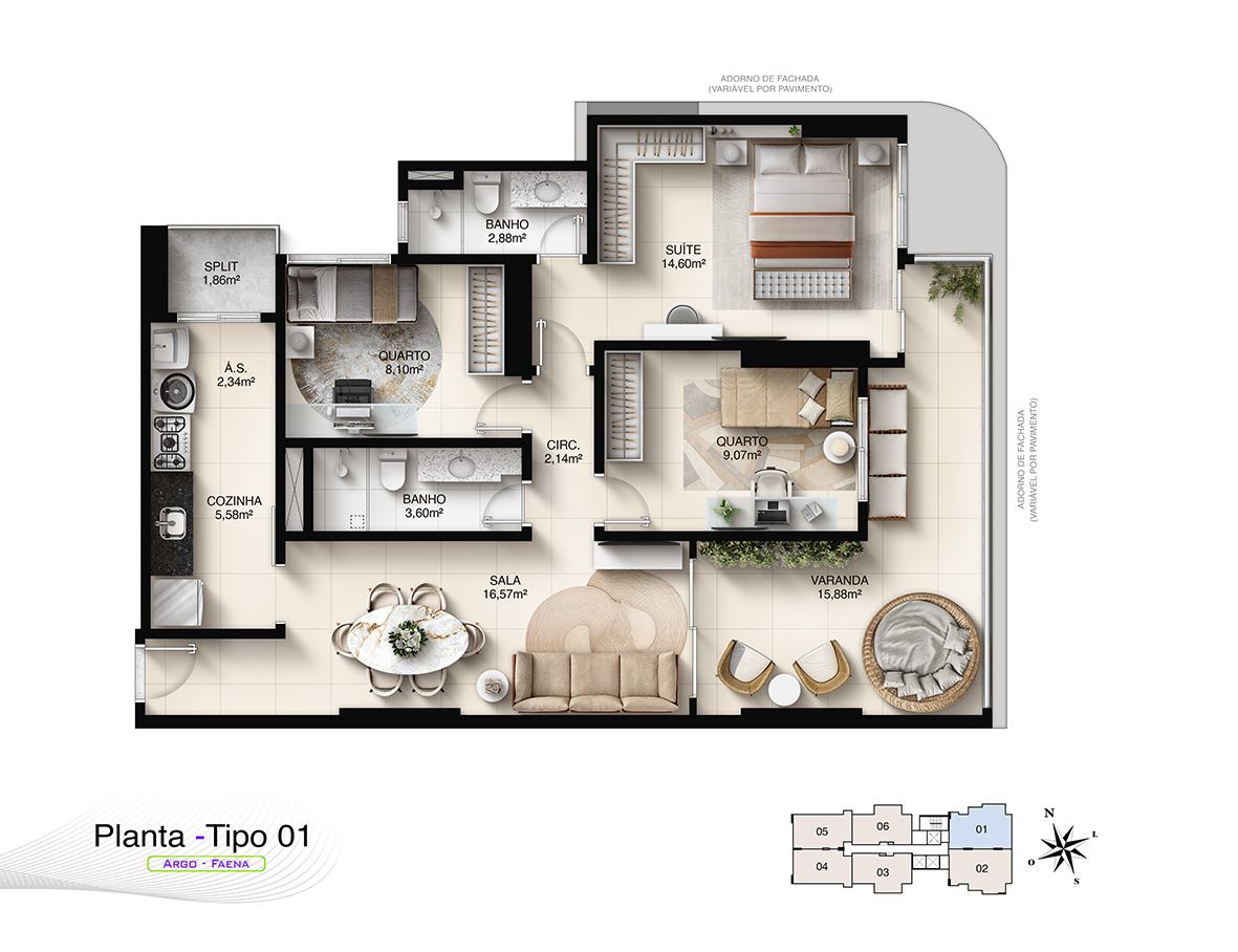 Planta Tipo 01 do Faena Residence